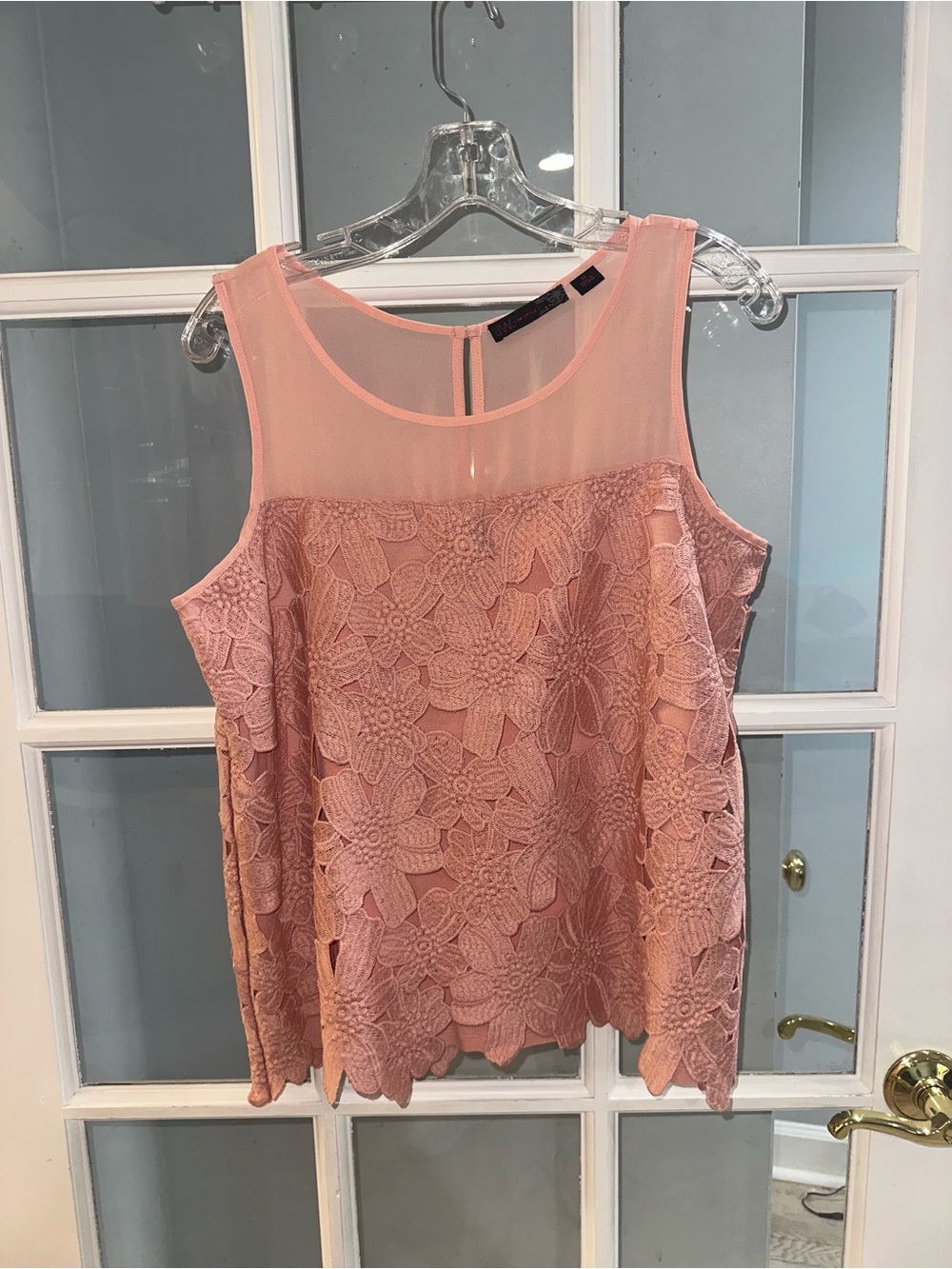 JW Style Sz XL Pink Embroidered & Mesh Lace Blouse Top Lined Button Neck